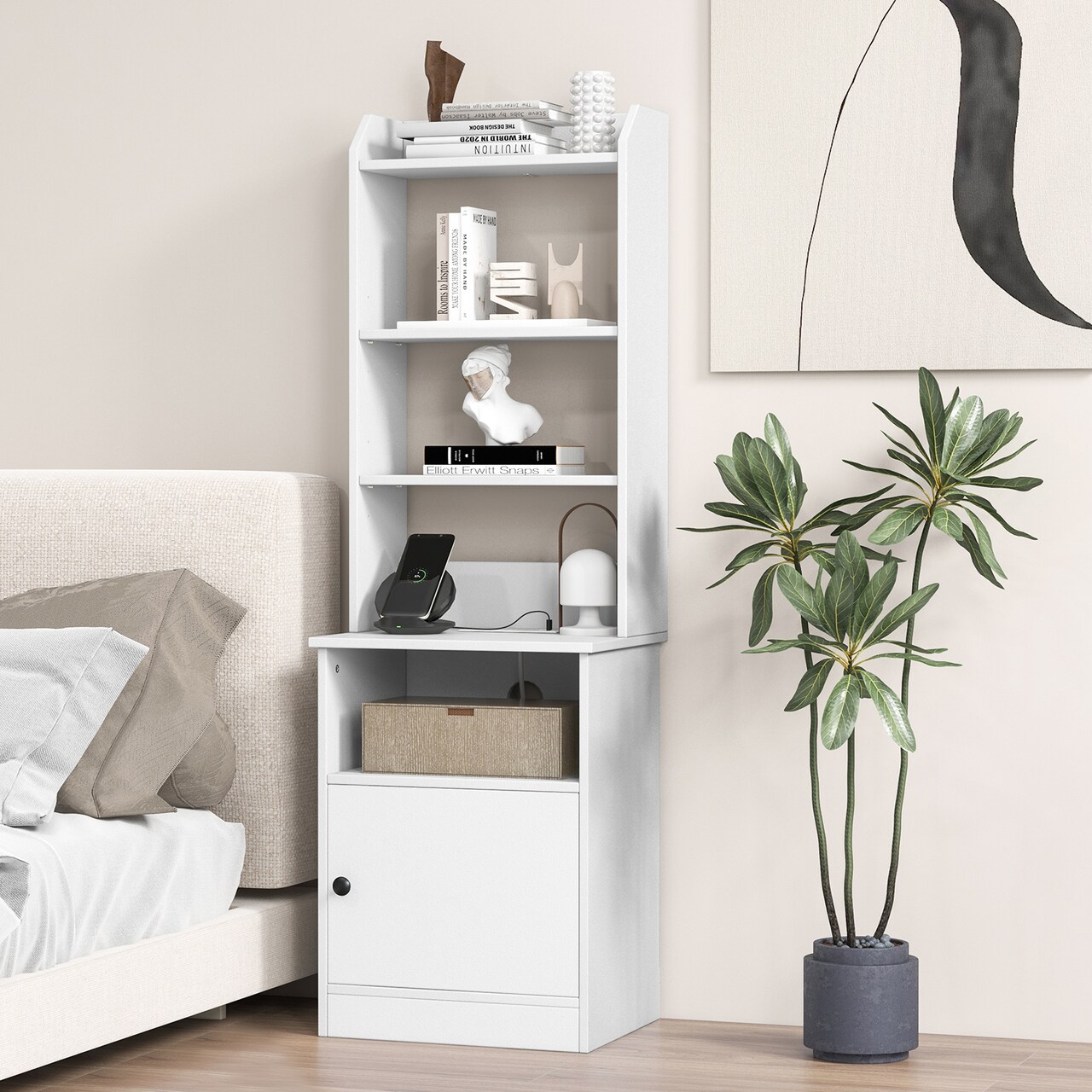 Bedside Tables Tall Nightstands with 5 Open Shelf and 2-Tier Storage Cabinet, Charging Station